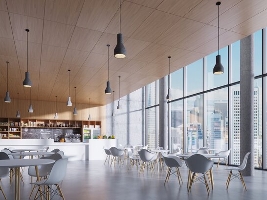 [Translate to CN:] Cafeteria Setting Rendering Using Armstrong WOOD Solution from Knauf Ceiling Solutions