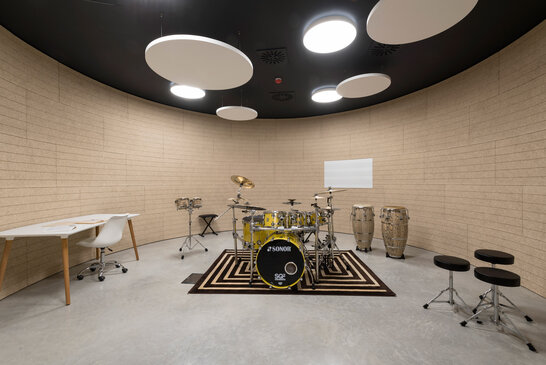 Music Room Setting with Heradesign and AMF Topiq Sonic Element Solutions from Knauf Ceiling Solutions Installed